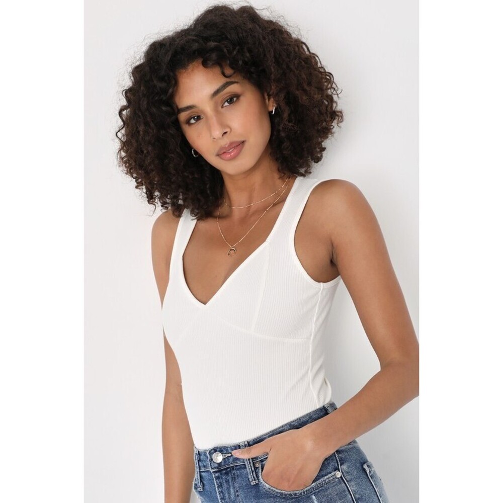 Lulus Feeling Effortless Ivory Ribbed Sleeveless Bodysuit White - Size L